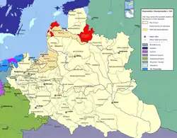 Mapa mostrando a localização da voivodia da Livônia (em vermelho) na República das Duas Nações.