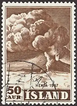 Selo islandês de 1948 ilustrando a erupção do Hekla no ano anterior