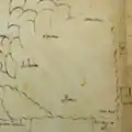 Ano 975 - 999. Fragmento do Beato de Seu d'Urgell.[313] Único da sua série sem policromia, o mapa reproduz a península presentada pelos outros beatos com Gallecia a noroeste e Astúrias ao seu lado.