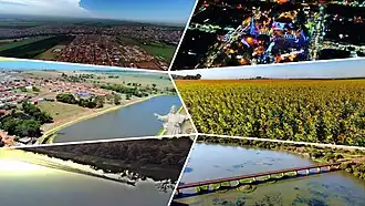 Imagens do município de Viradouro, SP, incluindo vista de parte da cidade, Praça da Matriz, Lago Municipal, Campo de Girassóis, Rio Pardo e a ponte sobre o Rio Pardo, que liga Viradouro a Morro Agudo.