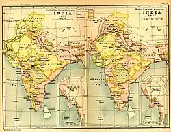 Índia em 1837 e 1857, mostrando em rosa os territórios governados pela Companhia das Índias Orientais.