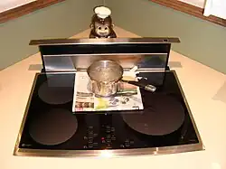 A pot of boiling water atop newspaper on an induction cooking surface