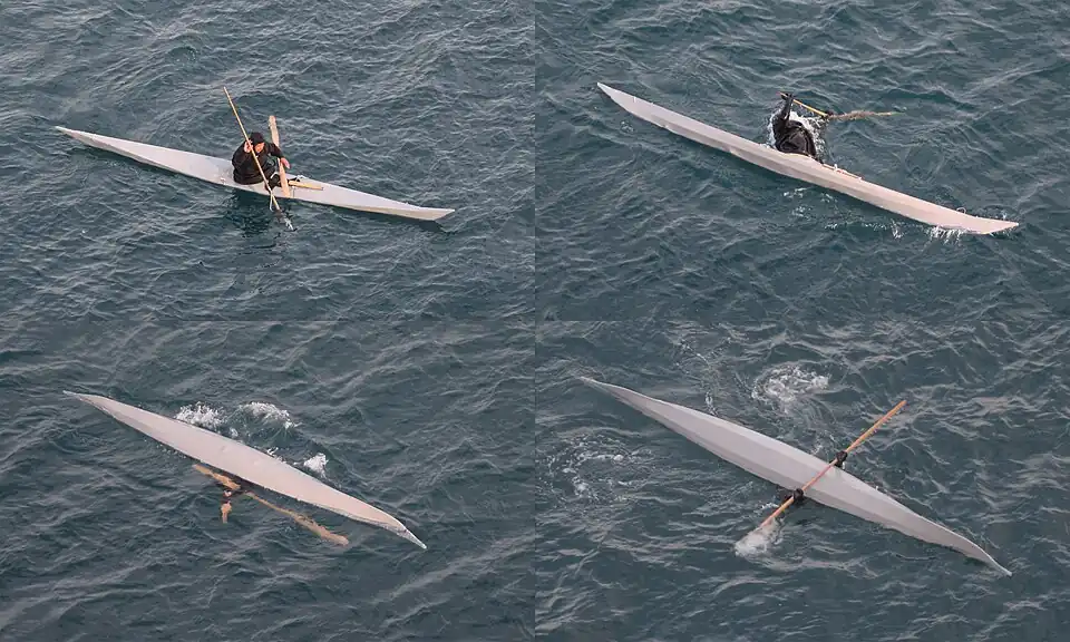 Um inuíte demonstra técnicas de uso do caiaque