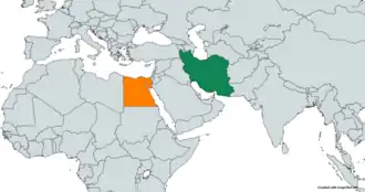Mapa indicando localização do Egito e do Irã.