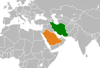 Mapa indicando localização da Arábia Saudita e do Irã.