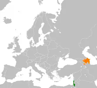 Mapa indicando localização do Azerbaijão e de Israel.