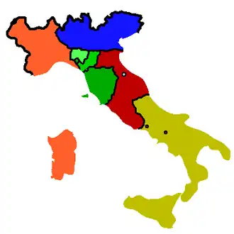 Os Estados italianos em 1859: em laranja o Reino de Sardenha, em amarelo o Reino das Duas Sicílias, em vermelho os Estados Pontifícios, em azul o Reino Lombardo-Vêneto e em verde o Grão-ducado da Toscana e os Ducados de Parma e de Modena