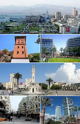 De cima para baixo e da esquerda para a direita: 1) Praça Konak; 2) Edifício do Asansör (elevador), em Karataş, Konak; 3) ; 4) Torre do Relógio (Saat Kulesi), na Praça Konak; 5) Alsancak ; 6) Arranha-céus de Bayraklı