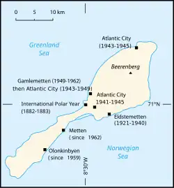 Mapa dos assentamentos em Jan Mayen.