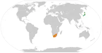 Mapa indicando localização da Japão e do África do Sul.