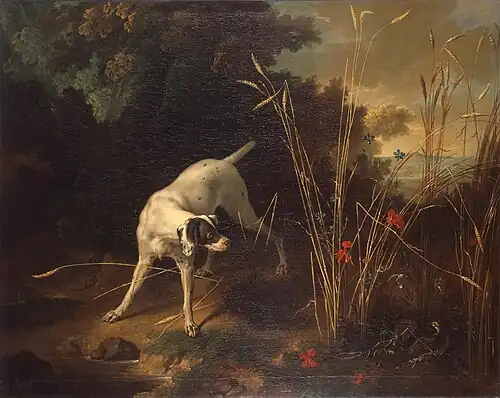 Cão apontando uma perdiz (1725), 129 x 162&nbsp;cm. Museu Hermitage