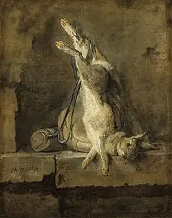 Coelho Morto e Equipamento de Caça (ca. 1727), óleo sobre tela, 81 x 65 cm., Louvre