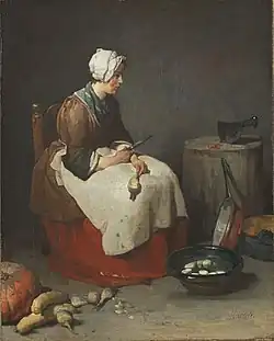 Mulher Limpando Nabos (ca. 1738), óleo sobre tela, 46,2 x 37 cm., Alte Pinakothek