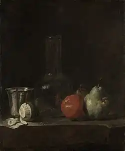 Frasco de Vidro e Frutas (ca. 1728), óleo sobre tela, 55,7 x 46 cm., Staatliche Kunsthalle Karlsruhe