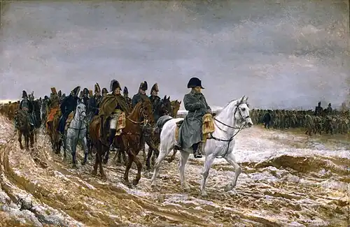 A pintura mostra um Napoleão carrancudo liderando seus generais e equipe, todos a cavalo, por uma estrada lamacenta. Ao fundo, a infantaria marcha sob céus cinzentos.