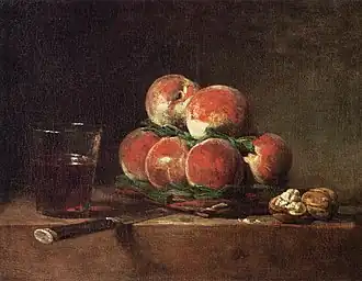 Cesta de Pêssegos, com Nozes, Faca e Taça de Vinho (1768), óleo sobre tela, 32 x 39 cm., Louvre