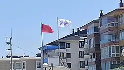 Uma bandeira na praia de Zarautz alertando sobre a presença de águas-vivas na água.