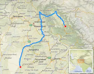 Mapa mostrando o curso de água do Jelum