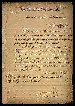 Ofício assinado por João Clapp e dirigido ao Dr. Jaguaribe, agradecendo em nome da "Confederação Abolicionista" o donativo enviado para auxiliar a propaganda desta confederação