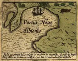 Detalhe do mapa de Jodocus Hondius de 1589 mostrando a enseada na Nova Albion visitada por Francis Drake.