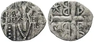 Tornês em bilhão do reinado conjunto de João V Paleólogo e João VI Cantacuzeno (1347-1353)