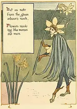 As flores se disfarçam de pessoas. Sir Jonquil começa a diversão, ilustração de A Floral Fantasy In an Old English Garden, 1899