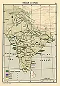 The Indian peninsula in 1700, showing the Mughal Empire and the European trading settlements.