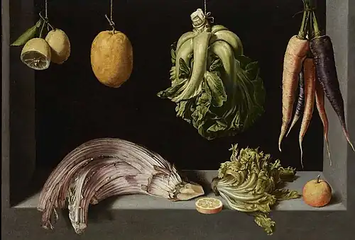 Verduras e frutas Still Life with Fruits and Vegetables de Juan Sánchez Cotán; c. 1600, 69 × 96 cm.