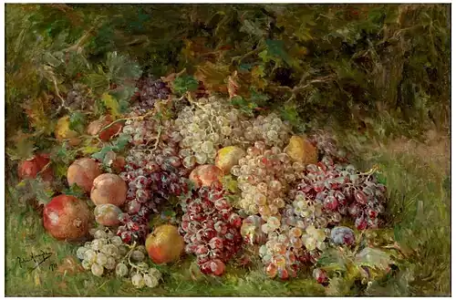 Uvas e paisagem. Fruits por Julia Alcayde y Montoya; 1926, 72 × 106 cm, Museu do Prado.