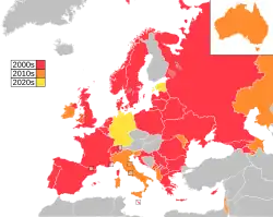 Map of countries in Europe, North Africa and Western Asia, with Australia as an insert in the top-right corner, coloured to indicate the decade in which they first participated in the contest: 2000s in red, 2010s in orange, 2020s in yellow