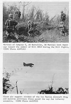Marinha dos EUA durante a batalha pelo monte 881N. Na imagem abaixo, o suporte aéreo bombardeia pontos de artilharia norte vietnamitas.