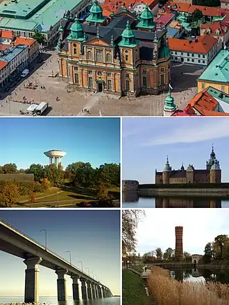 De cima para baixo e da esquerda para a direita: 1) Vista aérea da Catedral de Kalmar; 2) Castelo d'água em Berga;3) Castelo de Kalmar; 4) Ponte da Olândia; 5) Antigo castelo d'água no centro de Kalmar