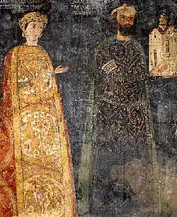 Retrato votivo do sebastocrator búlgaro Joanitzes e sua esposa Desislava, afresco da Igreja de Boiana (1259).
