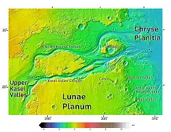 Diversos vales de rios no Quadrângulo de Lunae Palus, que outrora desaguavam na Chryse Planitia.