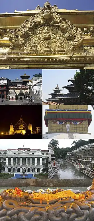 Da esquerda para a direita e de cima para baixo: 1)&nbsp;um toran; 2)&nbsp;templo de Degutaleju com o templo de Taleju ao fundo, na Praça Darbar; 3)&nbsp;templo de Swayambhunath; 4)&nbsp;estupa de Boudhanath; 5)&nbsp;Singha Darbar; 6)&nbsp;rio Bagmati no templo de Pashupatinath; 7)&nbsp;Budanilkantha (estátua de Vixnu)