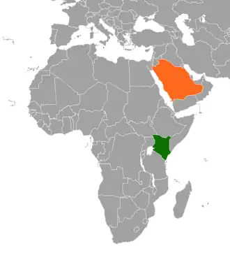 Mapa indicando localização da Quênia e da Arábia Saudita.