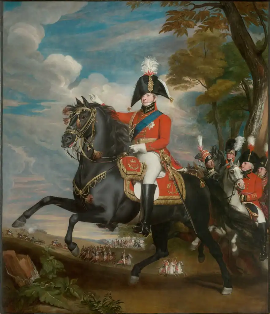 Barão de Eben representado no quadro : "Portrait of H. R. H. the Prince of Wales at a Review, Attended by Lord Heathfield, General Turner, Col. Bloomfield, and Baron Eben; Col. Quinton in the Distance" de John Singleton Copley