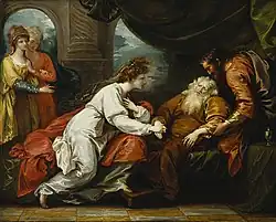 Lear e Cordélia ("King Lear and Cordelia") por Benjamin West; pintura de 1793 que faz parte da coleção da Biblioteca Folger Shakespeare.