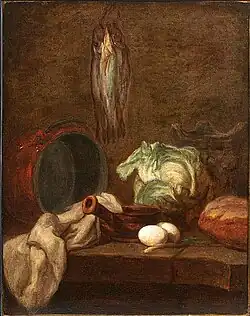Utensílios de Cozinha e Três Arenques ou Merlangos (1729), óleo sobre tela, Clark Art Institute