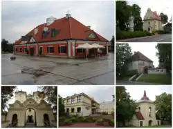 No sentido horário, a partir do canto superior esquerdo: Prefeitura, Igreja de Santa Ana, Solar Tęczyński, torre do sino, escola primária, igreja da Exaltação da Santa Cruz e Santo André Apóstolo