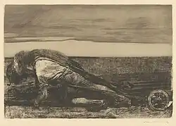 Die Pflüger, Blatt 1 aus dem Zyklus „Bauernkrieg“, 1907, Strichätzung, Kaltnadel, Aquatinta, Reservage, Schmirgel, Nadelbüschel und Vernis mou mit Durchdruck von Zieglerschem Umdruckpapier, Kn 99