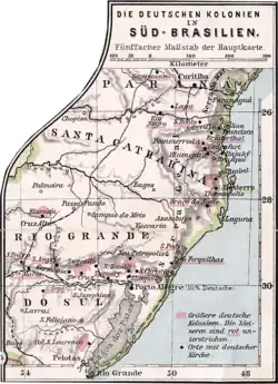Mapa mostrando as colonias alemãs do Sul do Brasil.