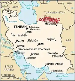 Mapa do Irã mostrando a localização de Kopet Dag