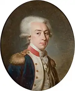 Marquis de Lafayette (1757–1834) usando uma peruca com pó, uma parte comum do vestuário masculino por volta de c. 1795.