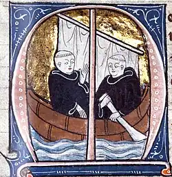 Ilustração medieval mostrando São Brandão navegando em um barco em busca da Terra Prometida