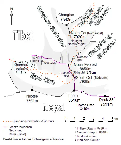 Mapa do monte Everest, Colo Sul, e Escalão Hillary Step