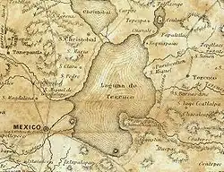 Mapa antigo detalhando a localização e contornos do Lago de Texcoco no Vale do México.