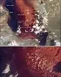 Imagem de satélite do lago Natron, mostrando as águas vermelhas e os depósitos salinos.