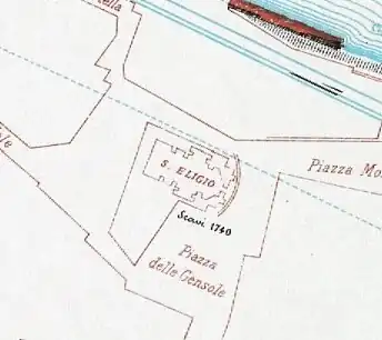 Diagrama da igreja e da praça (também perdida) por Rodolfo Lanciani.
