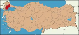 Localização da província de Tequirda na Turquia (o distrito de Süleymanpaşa aparece como Tekirdağ)